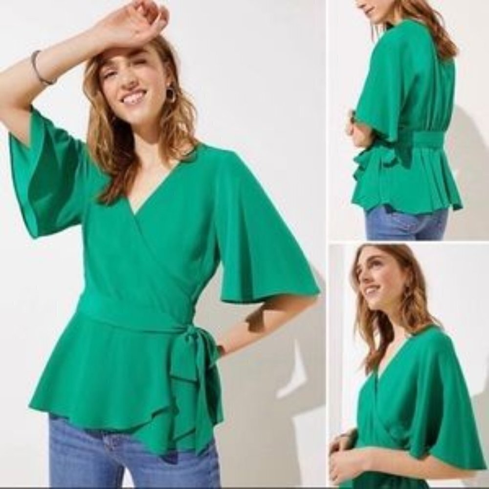 New LOFT Wrap Top With Flutter Sleeves And Slight Peplum Green Size S
